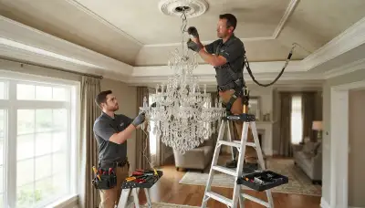 Electrician installing a chandelier in an Aurora, Colorado home for professional lighting service