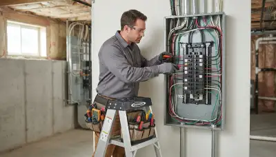 Electrician installing an electrical panel in an Aurora, Colorado home
