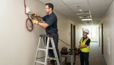 Electrician installing a fire alarm system in an Aurora, Colorado home