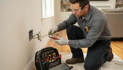 Electrician repairing a wall outlet in an Aurora, CO home