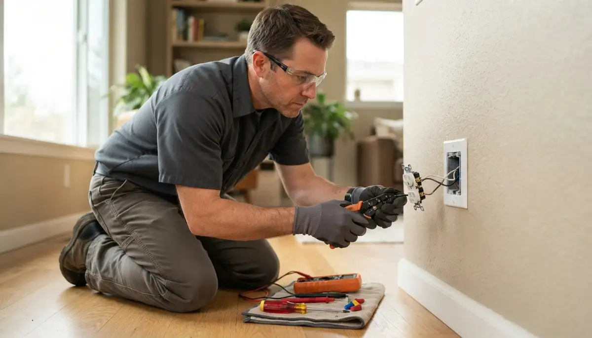 Electrician repairing an electrical outlet in an Aurora, Colorado home