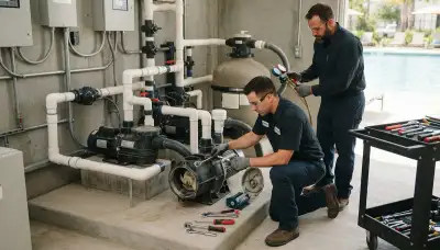 Electrician inspecting pool pump wiring and electrical panel in an Aurora, Colorado home