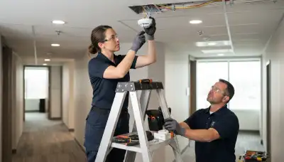 Electrician installing a smoke detector in an Aurora, CO home